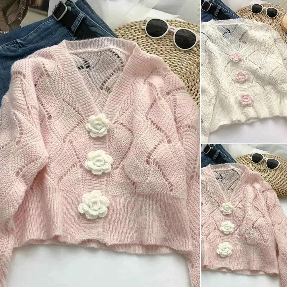 2025 Women's Autumn Cardigan Sweet Three-Dimensional Flowers Long Sleeve V-Neck Regular Fit Dating Cardigan
