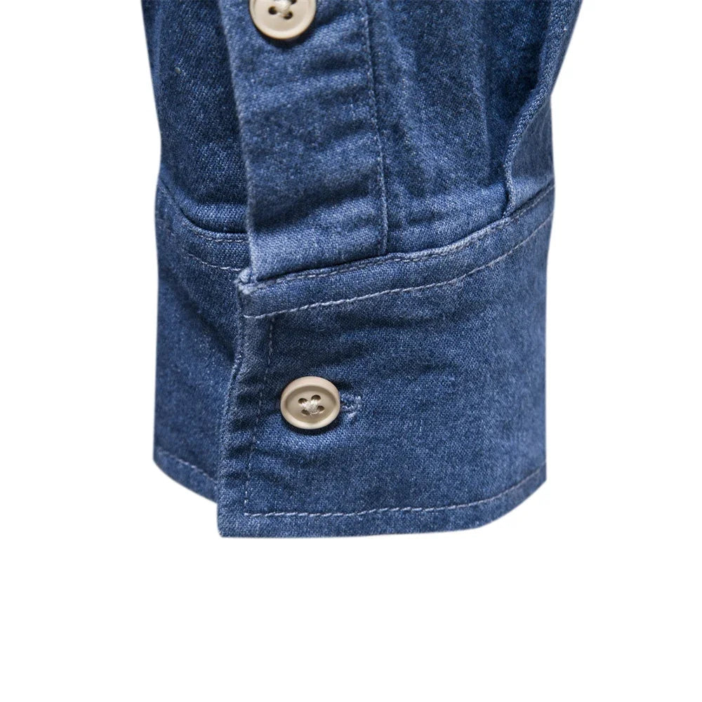 Men's Autumn Cotton Denim Shirt Solid Colour Single Pocket Casual Long Sleeve Jeans Shirt for Men