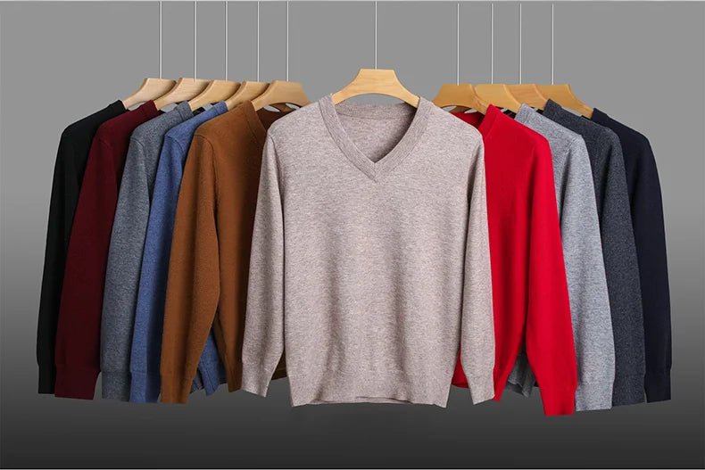 Men's Warm V-Neck Solid Colour Sweater, Autumn & Winter Stretch Top, Daily Leisure Pullover Knitwear, Male Business Casual