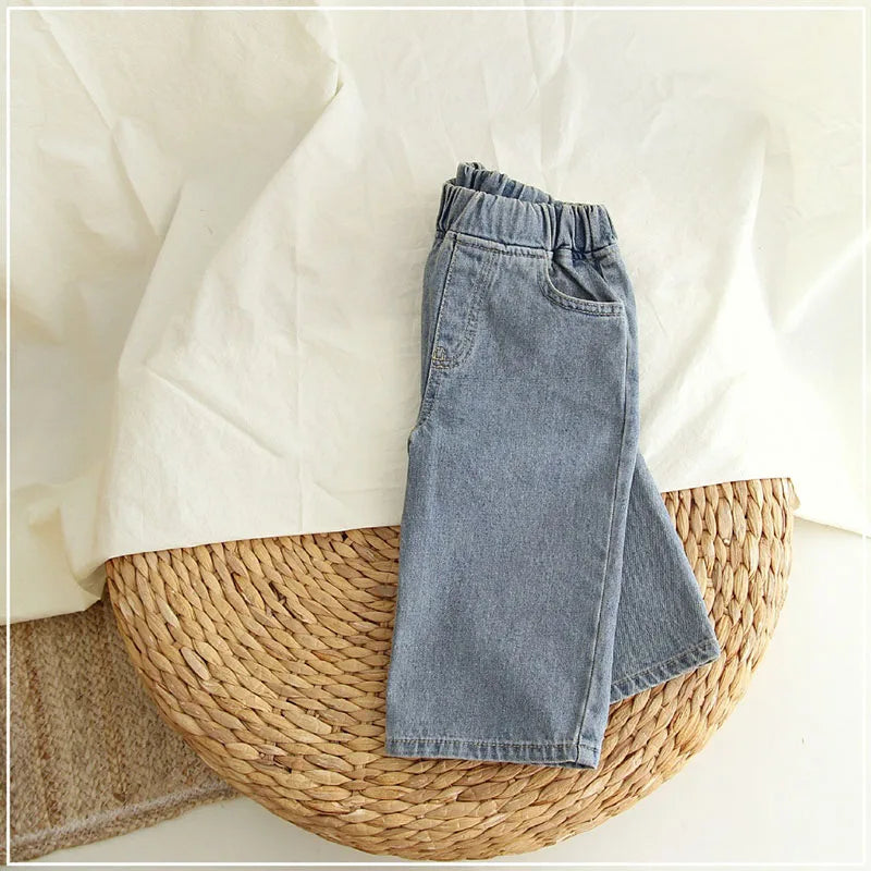 New Autumn Girls Boys Solid Colour Fashion Trousers Kids Pants Children Loose Wide Leg Jeans 1-6Y Unisex
