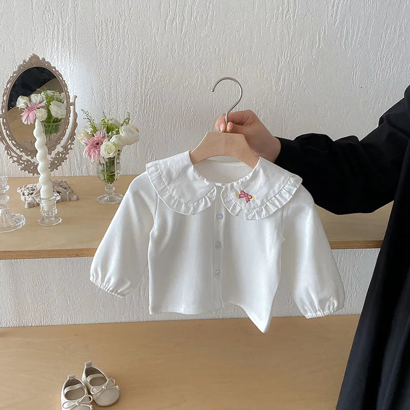 Herfst Baby Onderhemdjes Zoete Borduurwerk Bloem Strik Baby Meisjes Bottoming Shirt Peuter Dunne Kleding Tops 0-3T Meisjes
