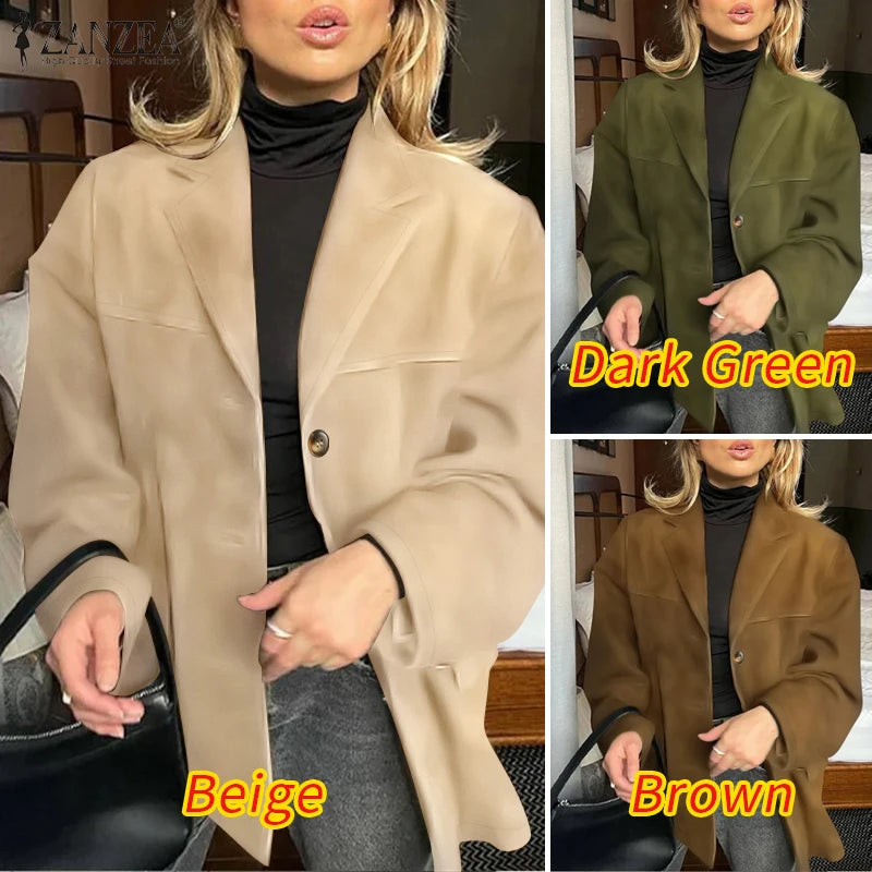 Casual Suede Women's Blazer 2025 Spring Fall Long Sleeve Lapel Neck Suit Jackets Elegant Single-Breasted Streetwear Coats