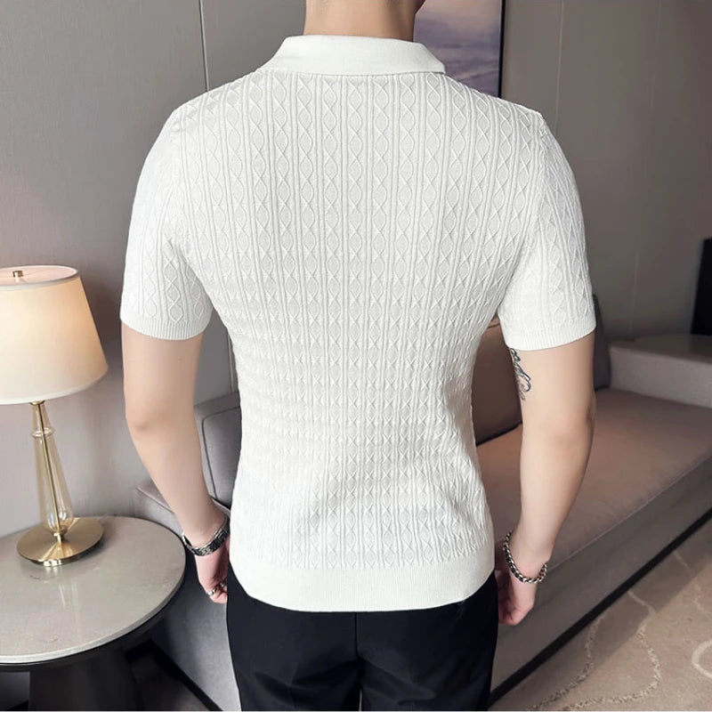Men's Slim-Fit Jacquard Knitted Short-Sleeved Polo Shirt for Male Fashion Lapel Golf Shirt