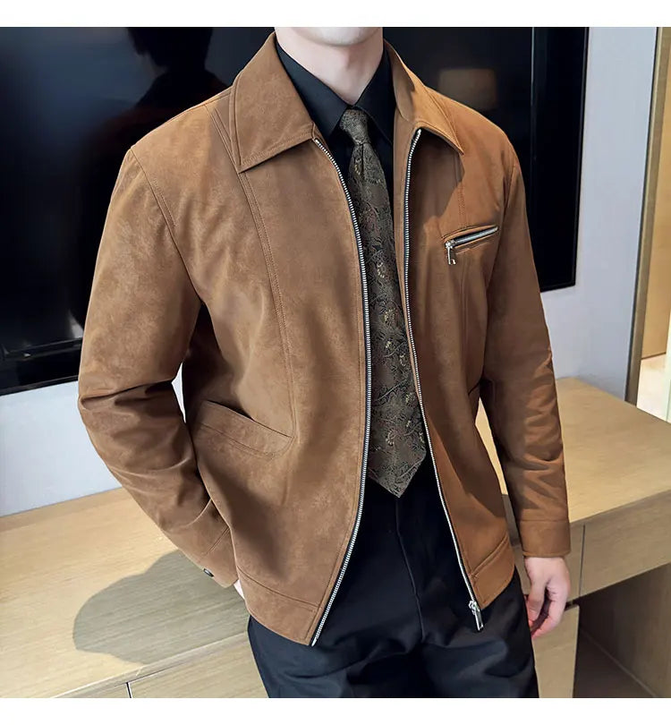 Men's Suede Casual Jacket, Lapel Fashionable Jacket, High-Grade Zipper Decorations, Business Casual Warm Male Coat