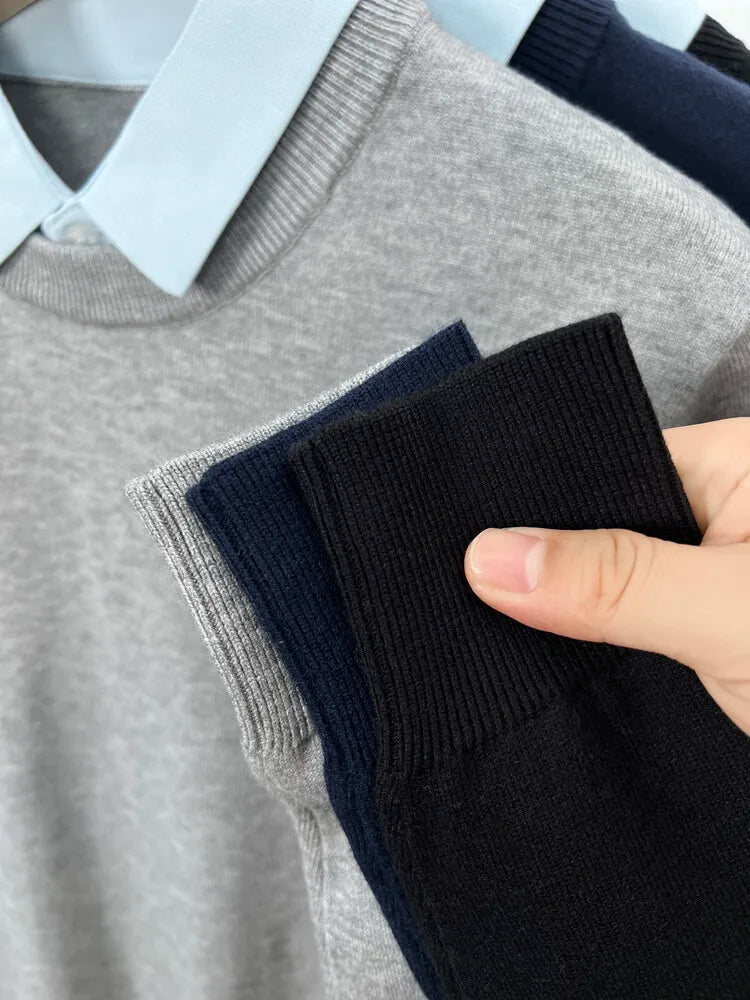 Unisex Knit Sweater Dark Navy False Two-Piece Design Thickened Layered Look With Built-in Collar Soft Touch & Warm Sweater For Men & Women