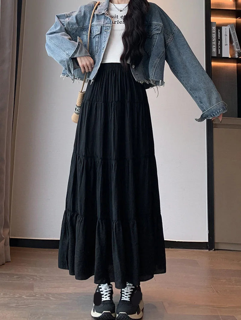 Spring Summer Women Long Skirts Fashion High Waist Elastic Patchwork A-Line Skirt Casual All-Match White Cake Maxi Skirts Female