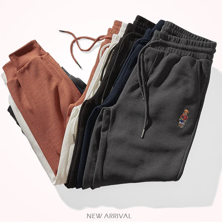 Autumn American Simple Waffle Embroidery Sweatpants Men's Fashion Pure Cotton Loose Elastic Waist Drawstring Sport Casual Pants