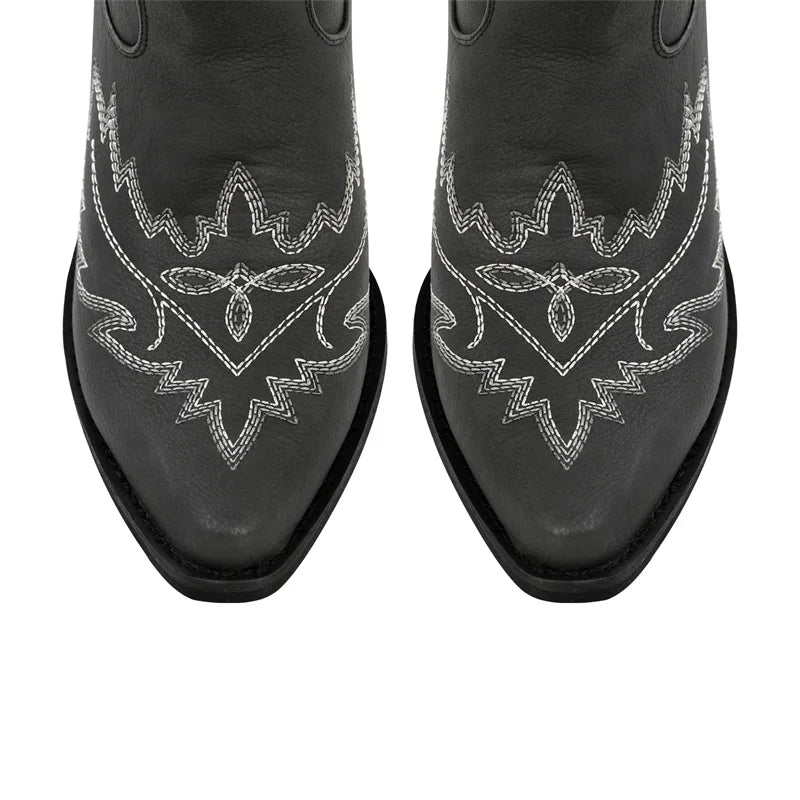 Women Pointed Toe Black Embroidery Western Boots Tapered Heel Round Up Mid-Calf Western Cowgirl Boots