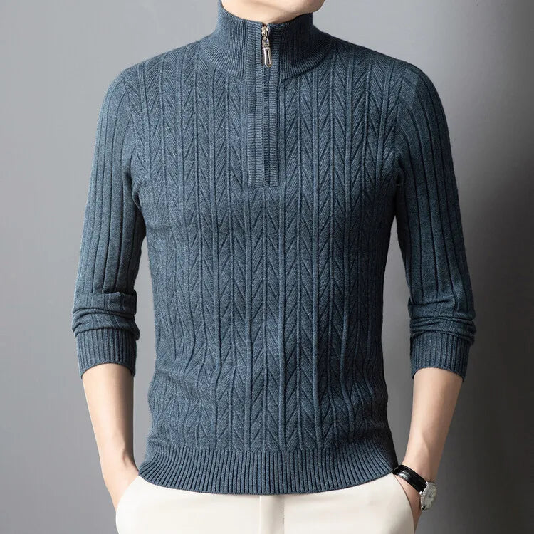 Men's High-Quality Semi-High-Neck, Business Casual Warm Sweater, Stretchy Striped Male Pullover Sizes M-4XL