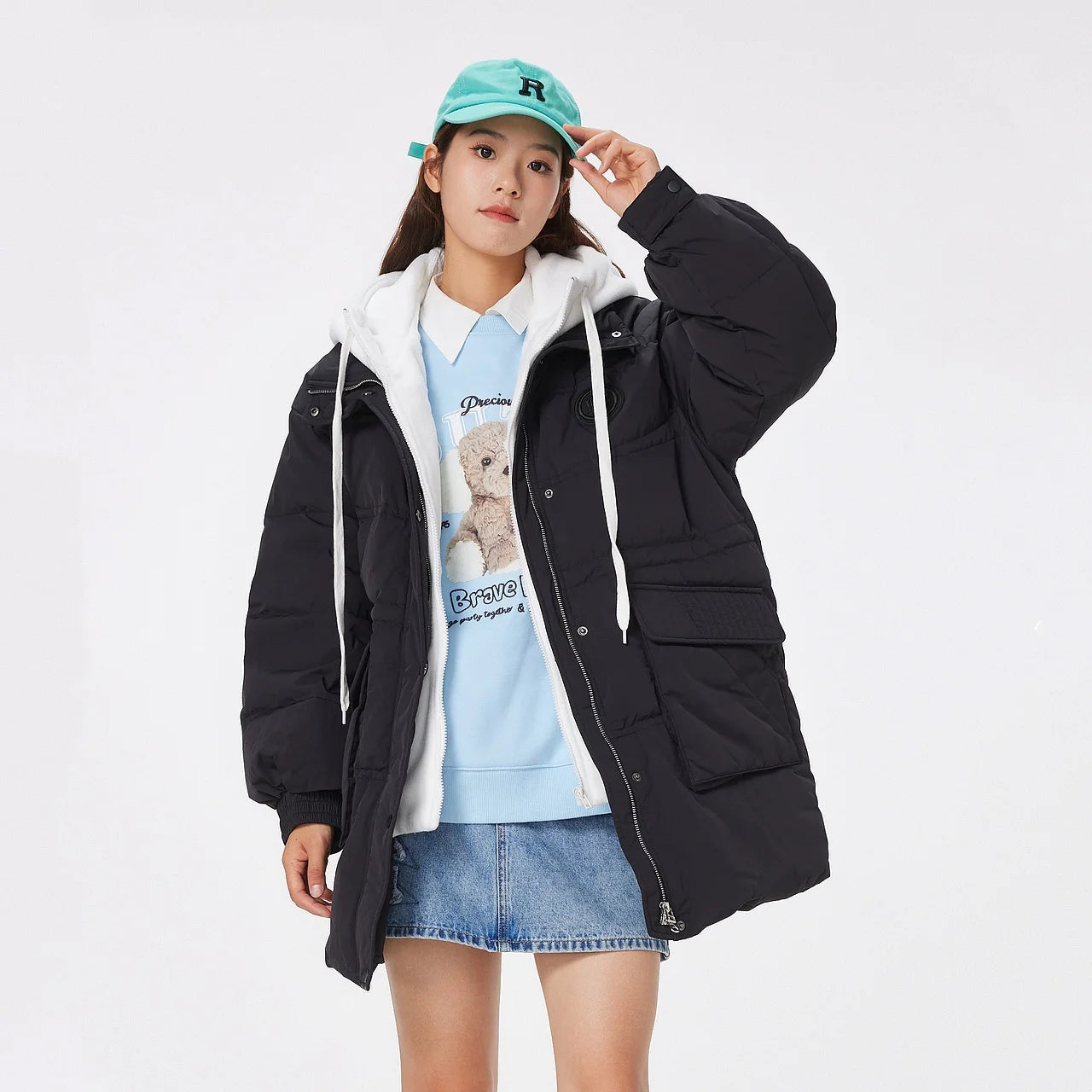 Women's Faux Two-Piece Mid-Length Puffer Jacket With Cosy Polar Fleece Lining, Hooded Warmth Loose Duck Down Coats For Ladies
