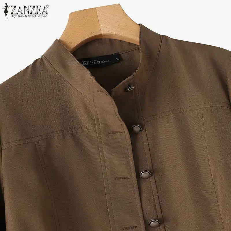 Fashion OL Jackets Woman Long Sleeve Stand Collar Outerwear Autumn Vintage Party Work Wear Female Elegant Button UP Coats