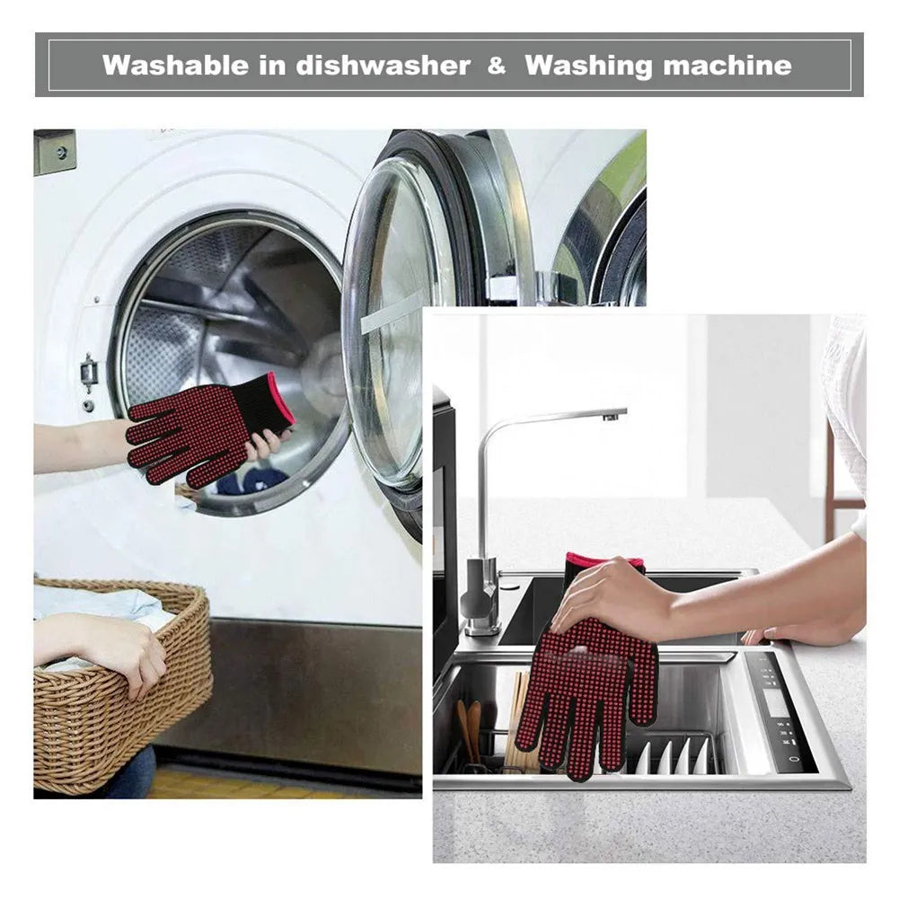 1 Pair Barbecue Anti-scald Gloves Heat Resistant BBQ Oven Gloves Kitchen Fireproof Anti-slip Gloves For Cooking