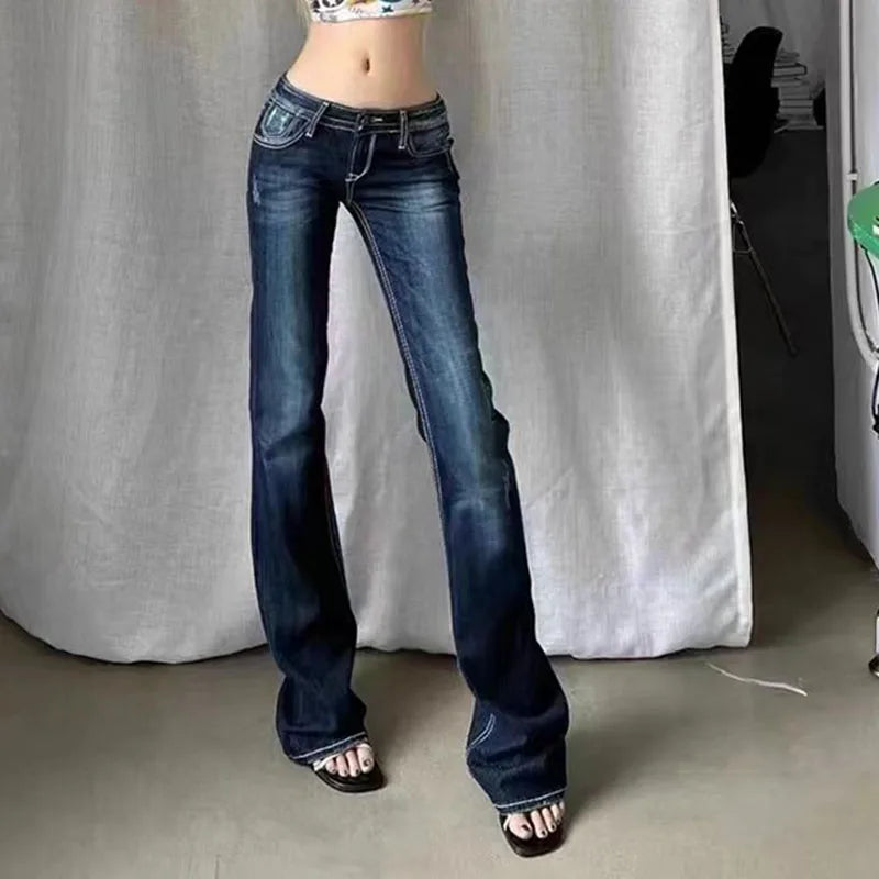 Retro Blue Low Rise Flare Jeans for Women Korean Slim Fit Elastic Denim Pants Woman Streetwear Hot Girl Y2K 2000S Jean Trousers