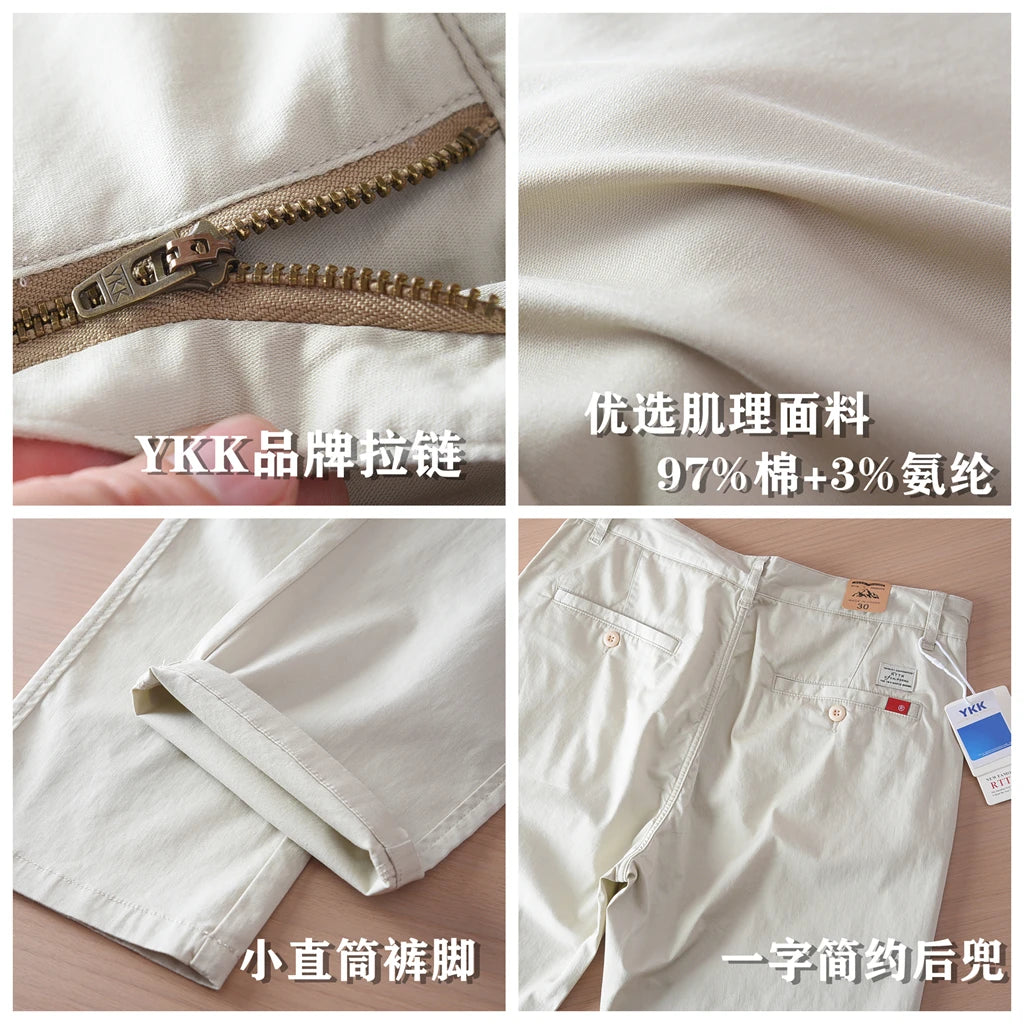 2025 Summer New American Retro Thin Micro Elasticity Casual Pants Men's Simple 97% Cotton Slim CHINO Business Straight Trousers