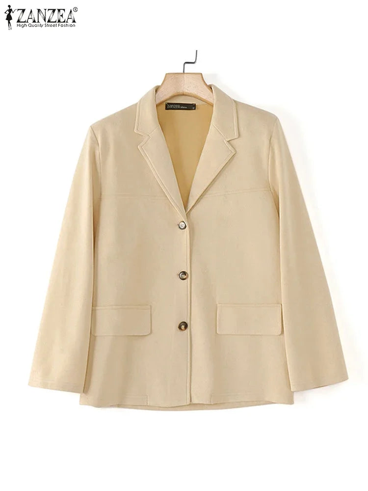 Casual Suede Women's Blazer 2025 Spring Fall Long Sleeve Lapel Neck Suit Jackets Elegant Single-Breasted Streetwear Coats