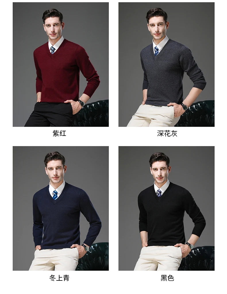 Men's Warm V-Neck Solid Colour Sweater, Autumn & Winter Stretch Top, Daily Leisure Pullover Knitwear, Male Business Casual