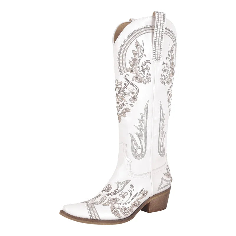 Women Pointed Toe Embroidered White Western Cowboy Boots Block Heel Pull-On Cowgirl Booties