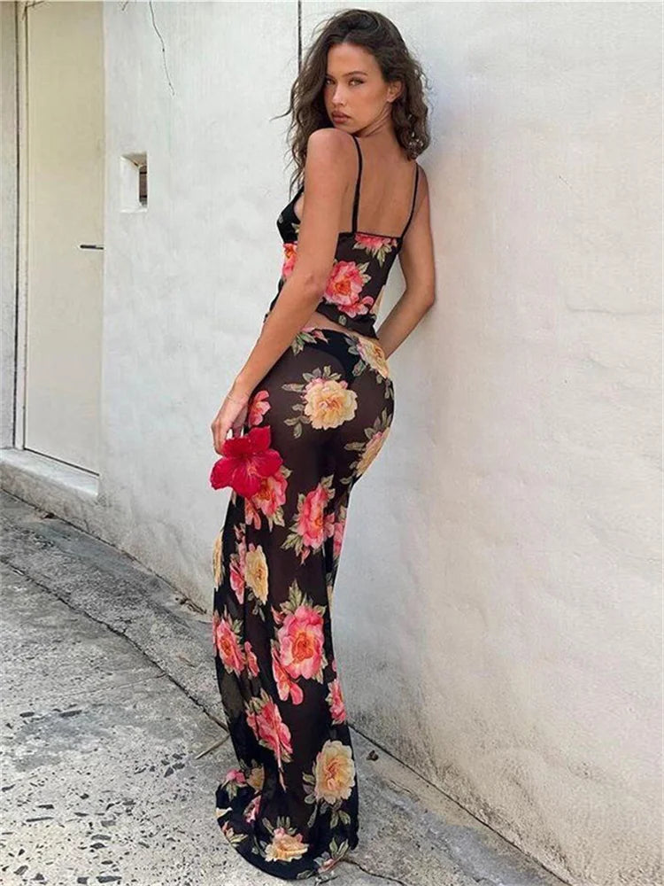 Women's Floral Print 2 Piece Set Slits Slim Long Skirt + Low-Neck Camisole 2025 Vacation Matching Fashion Elegant Hipster Suits