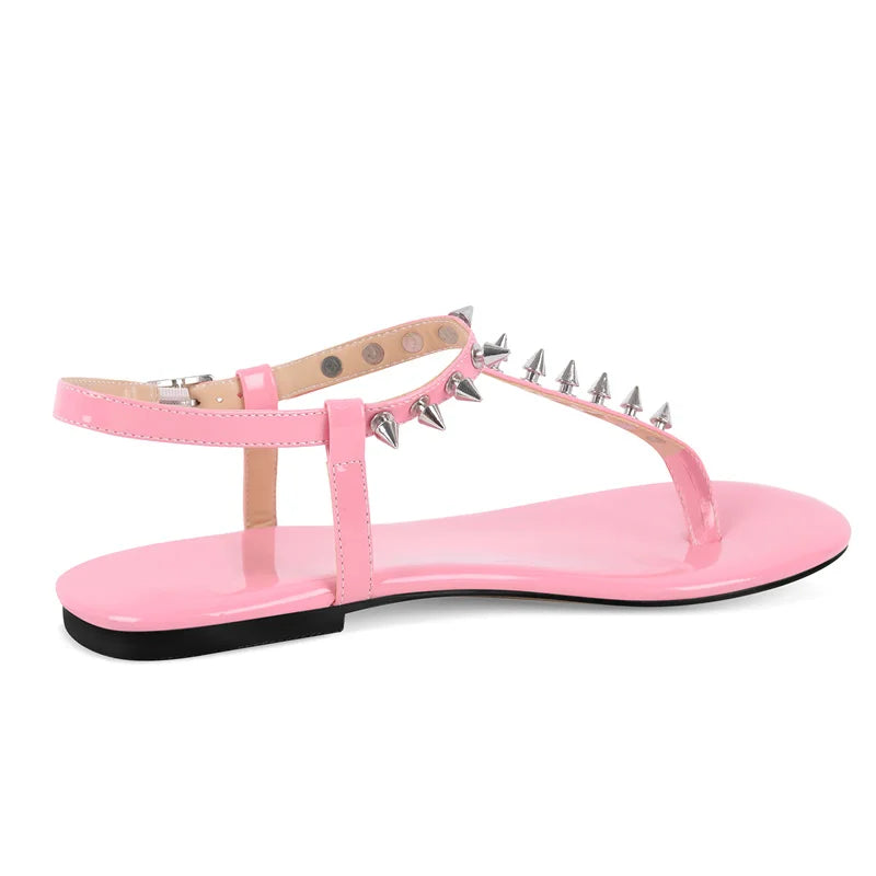 Women Round Toe T-Strap Rivet Flats Sandals Big Size Fashion Summer Sliper