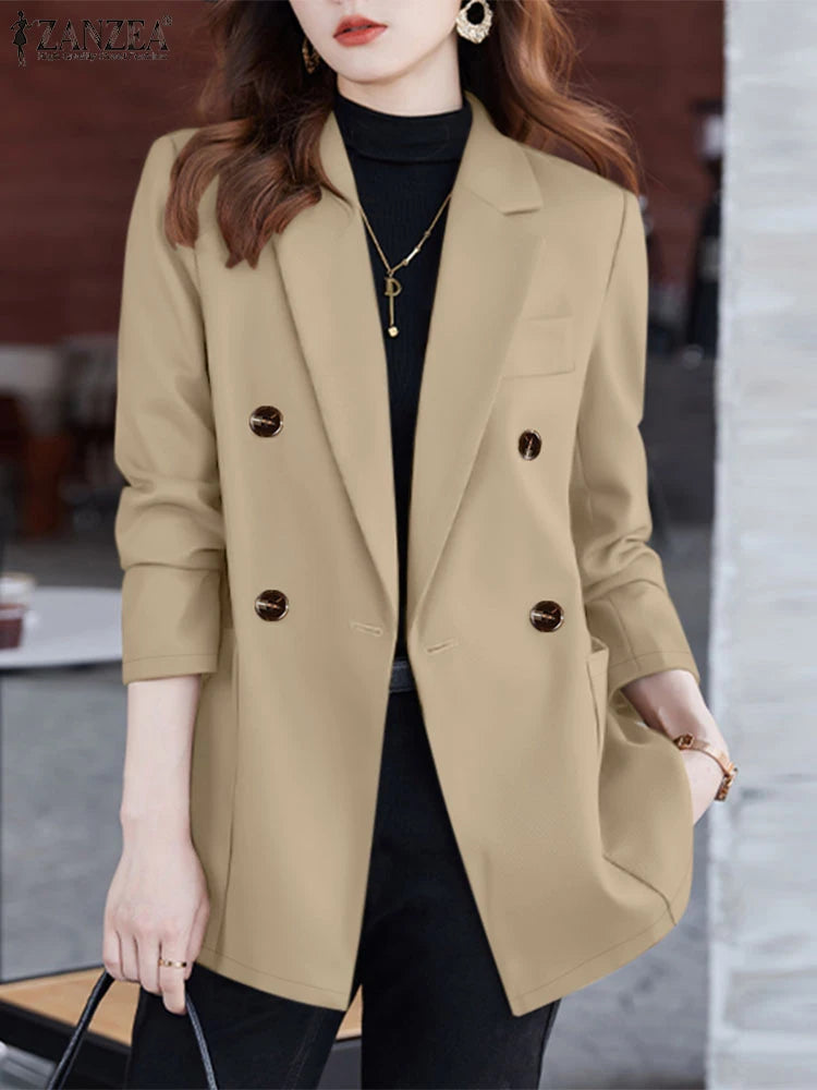 Casual Women Blazer Solid Office Lady Commute 2025 Spring Thin Jackets Lapel Neck Double-Breasted Long Sleeve Blazer