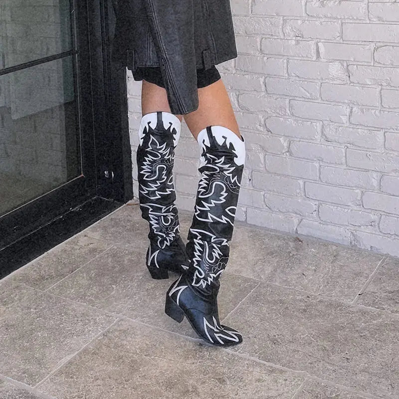 Woman Knee High Boots Western Cowboy Boots Wide Calf Embroidered Women Pointed Toe Block Heel Pull-On Cowgirl Boots