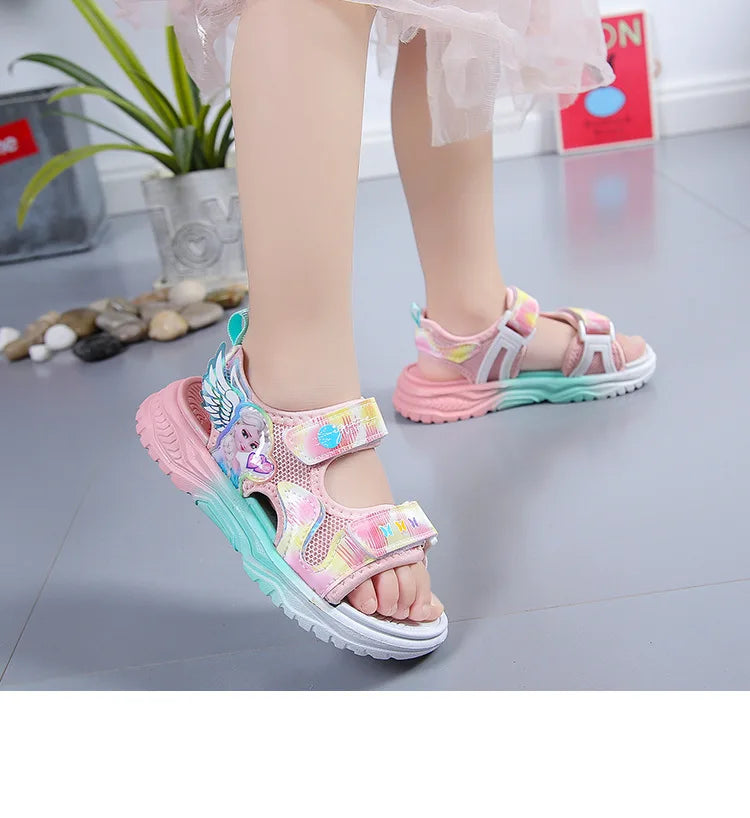 Disney Children Shoes Summer Elsa Girls Mesh Beach Sandals Fashion Frozen Princess Soft Bottom Light Peep Toe Sandals Size 26-36