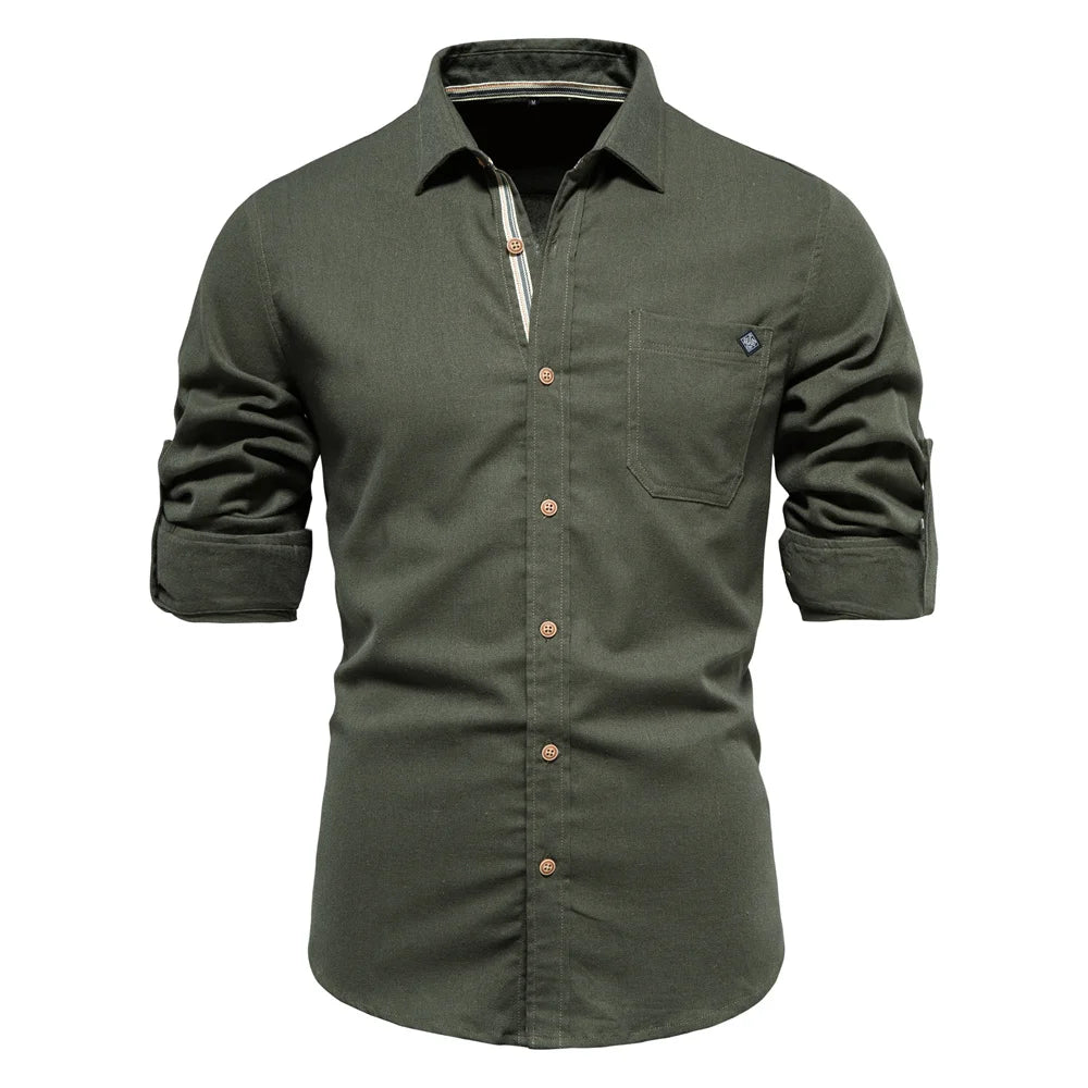 Men's 100% Cotton Social Spring Shirts Single Pocket Solid Colour Long Sleeve Shirts Turn-down Collar For Men