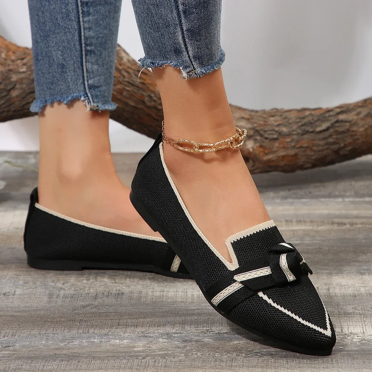 Women's Spring and Autumn Outfit Pointed Flat Breathable Casual Knot Shoes Women's Blue Pregnant Women's Low Heel Moon Shoes