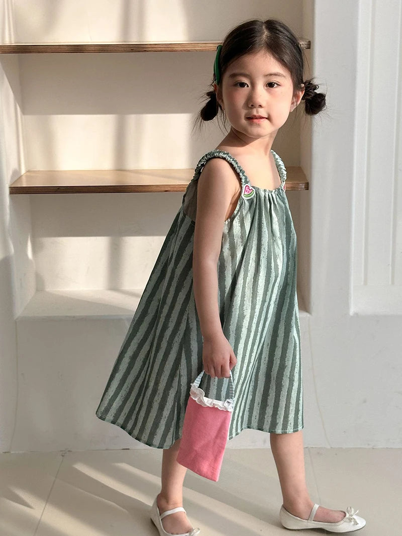 Children's Summer Clothes 2PCs Set Boys' Pure Cotton Striped Tee and Shorts Suit Cute Girls Suspenders Dress Siblings' Outfit Unisex