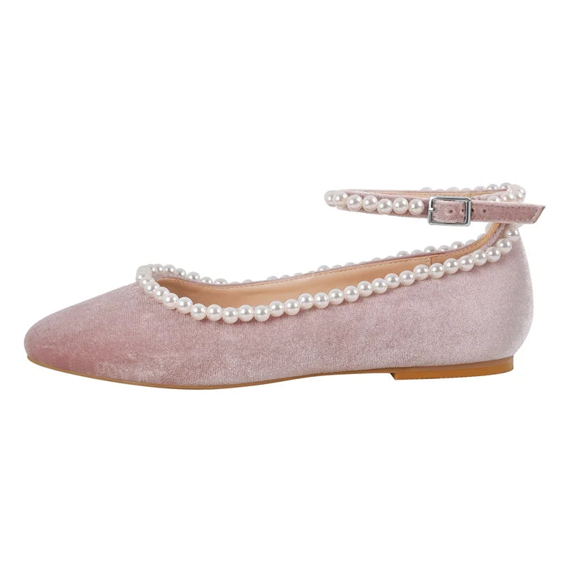Women Velvet Pearls Flats Round Toe Pink Strap Retro Elegant Big Size Slip On Daily Flats