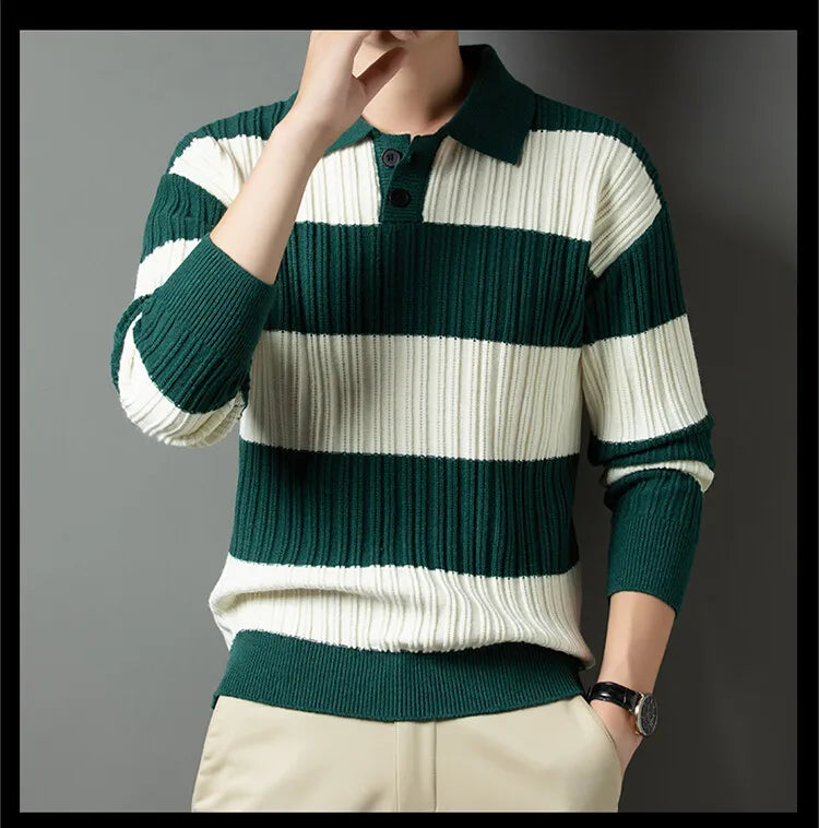 Men's Polo Shirt Luxury Pullover Sweater Fashion Thick Warm Sweater Striped Casual T-shirt, Male Top Loose Knitwear