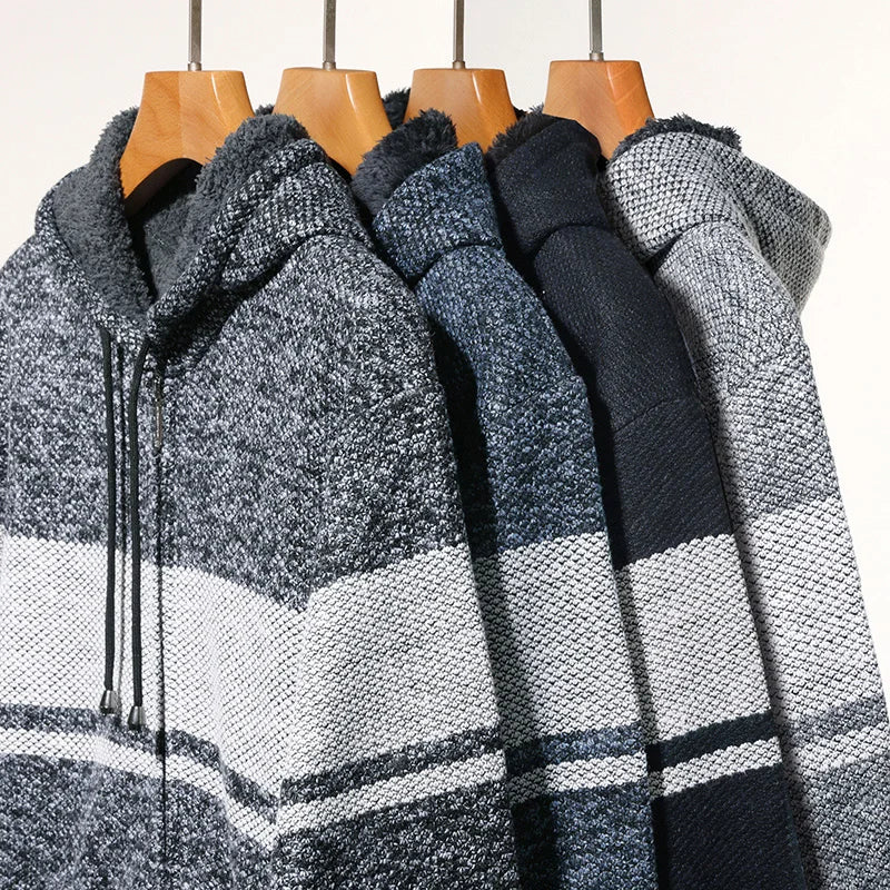 Men's High Quality Thick Plus Velvet New Brand Casual Fashion Hooded Jacket, Zipper Warm Patchwork Windbreaker Male Coats