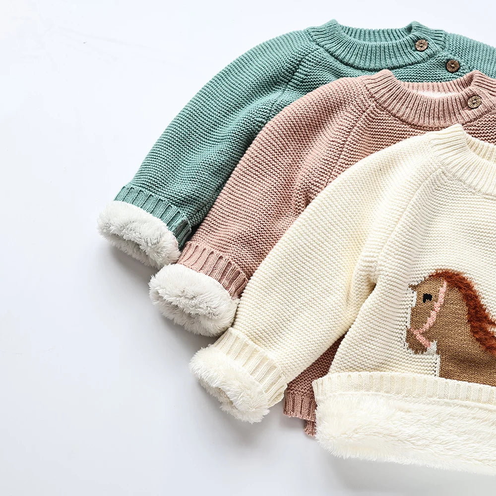 Winter New Cartoon Kids Baby Sweaters Fur Lining Kids Knitwear Fleece Boys Girls Pullover Coat 1-6Y Unisex