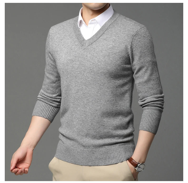 Men's High Quality Fashion Brand, Woollen Knit Pullover V-Neck Sweater, Autumn and Winter Casual Male Jumper