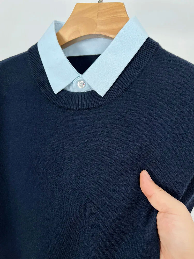 Unisex Knit Sweater Dark Navy False Two-Piece Design Thickened Layered Look With Built-in Collar Soft Touch & Warm Sweater For Men & Women
