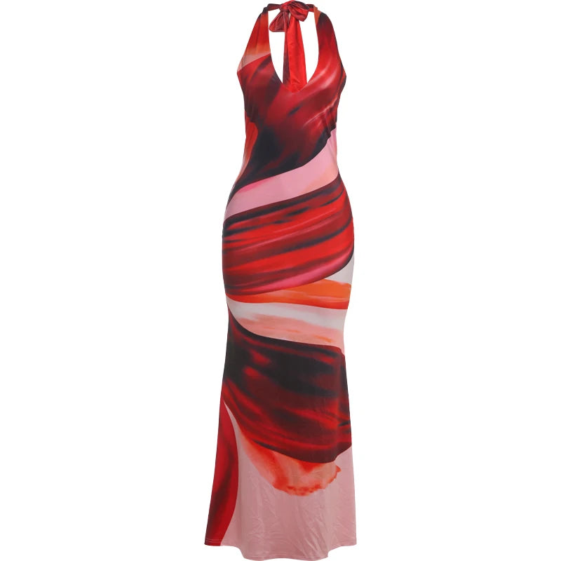 Deep V-Neck Women Long Dress Colorful Print Sexy Backless Sleeveless Lace-Up Elegant Birthday Banquet Party Bodycon