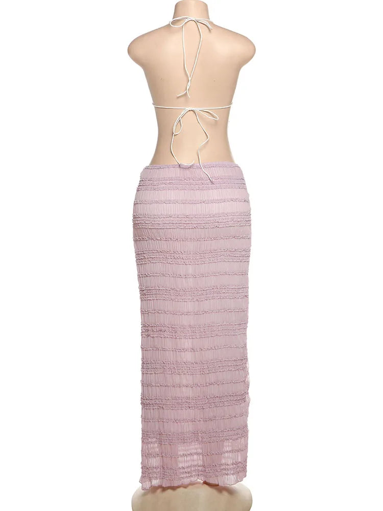 Sexy See-Through 2 Piece Set Women Lace-Up Halter Backless Crop Tops + Ruched Elegant Skirts Vacation Beach Party Suits