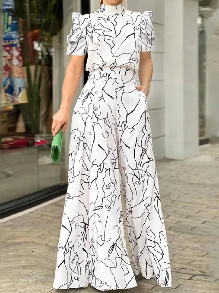 Women Jumpsuit Loose Fashion Elegant Long Pants Short Sleeve Halterneck Art Print Sets High Streetwear