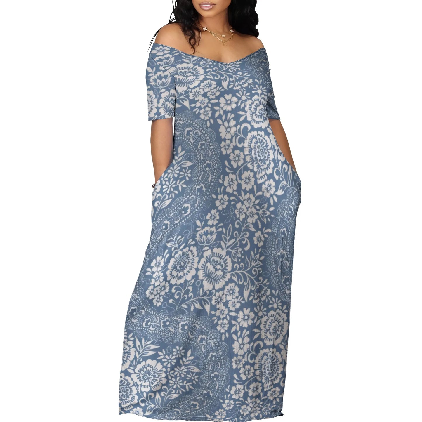 Trendy Off Shoulder Floral Print Maxi Dress Women Summer Look with Side Pockets