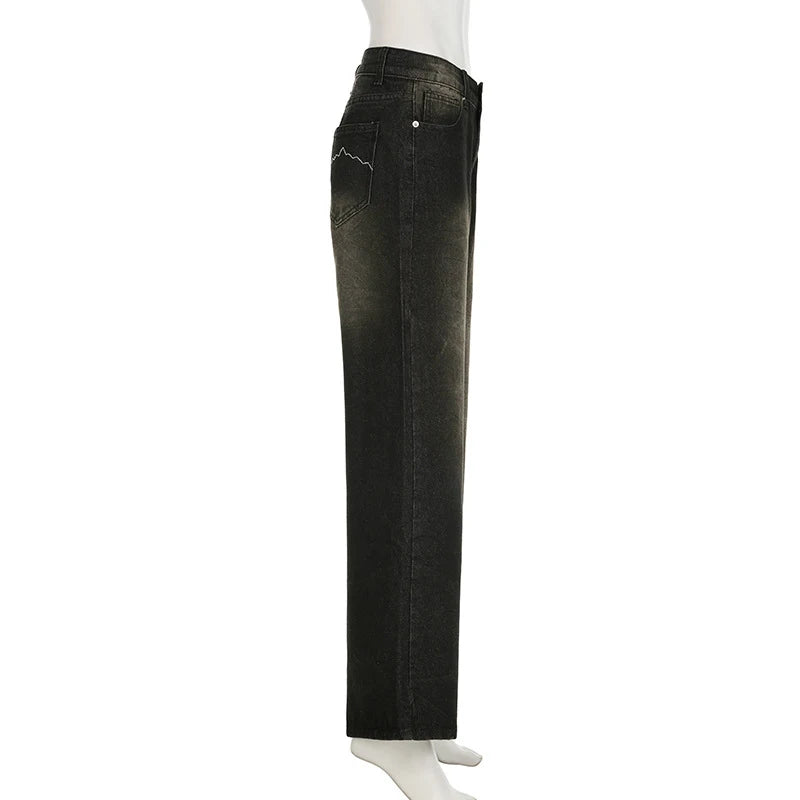 Women's American Vintage Loose Black Jeans Streetwear High Waist Straight Wide Leg Pants Casual Simple All-match Denim Pants