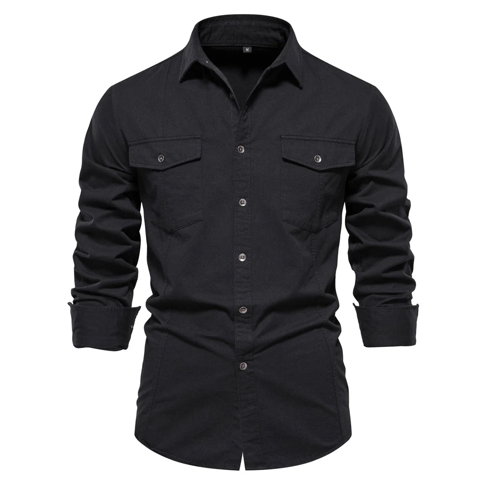 Men's Autumn Military Style 100% Cotton Pocket Shirt Solid Colour Slim Casual Long Sleeve Male Shirt For Men