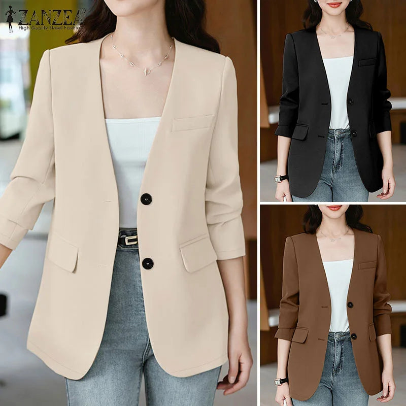 Elegant Solid Suit Jackets Long Sleeve Button Up Autumn 2024 V Neck Outwear Tops Office Lady Women Commute Fashion Blazer