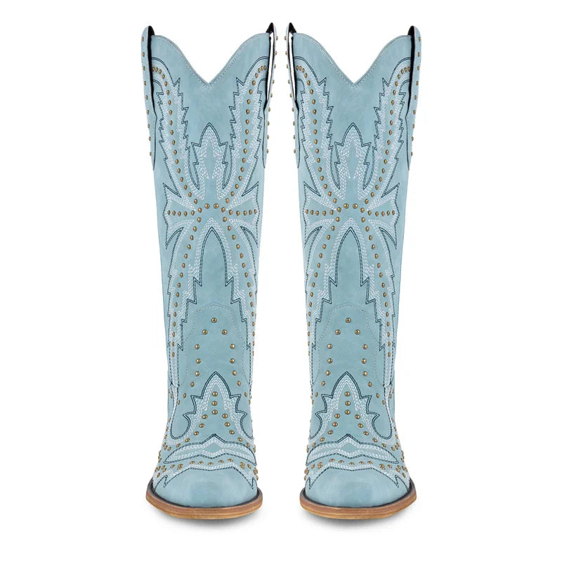 Women Pointed Toe Mid Calf Pull-on Knee High Cowgirl Boots Comfy Chunky Heel Western Boots