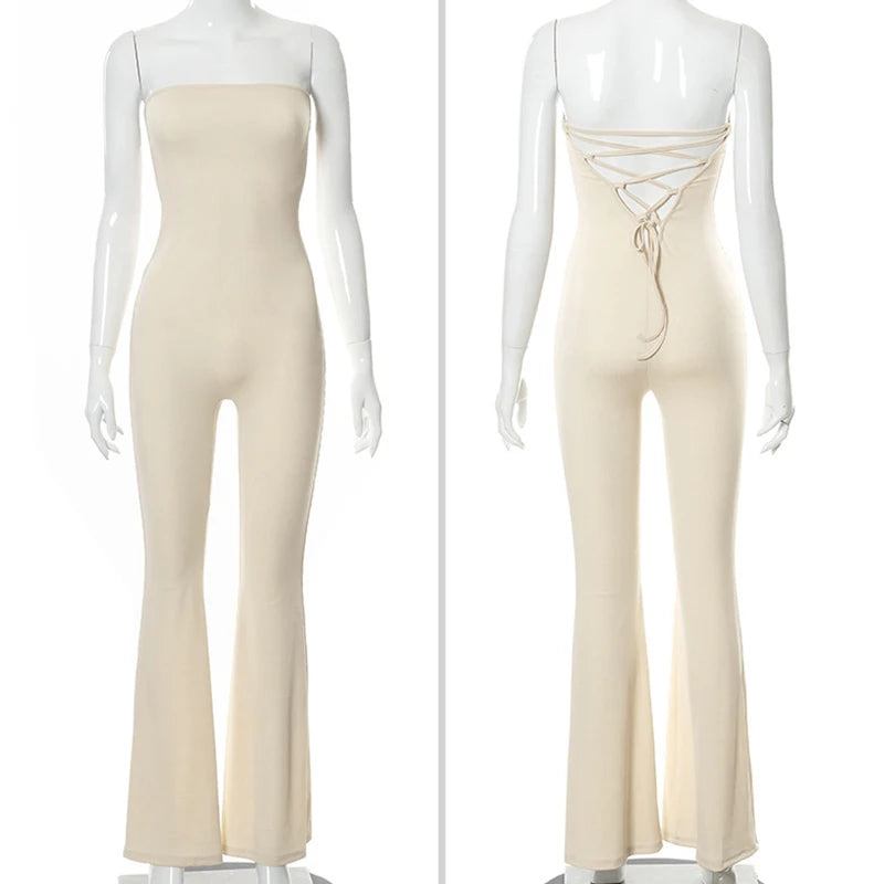 Women's Sexy Backless Skinny Jumpsuits Sleeveless Lace-Up Elegantly Bohemian Summer Fashion Streetwear Flare Rompers
