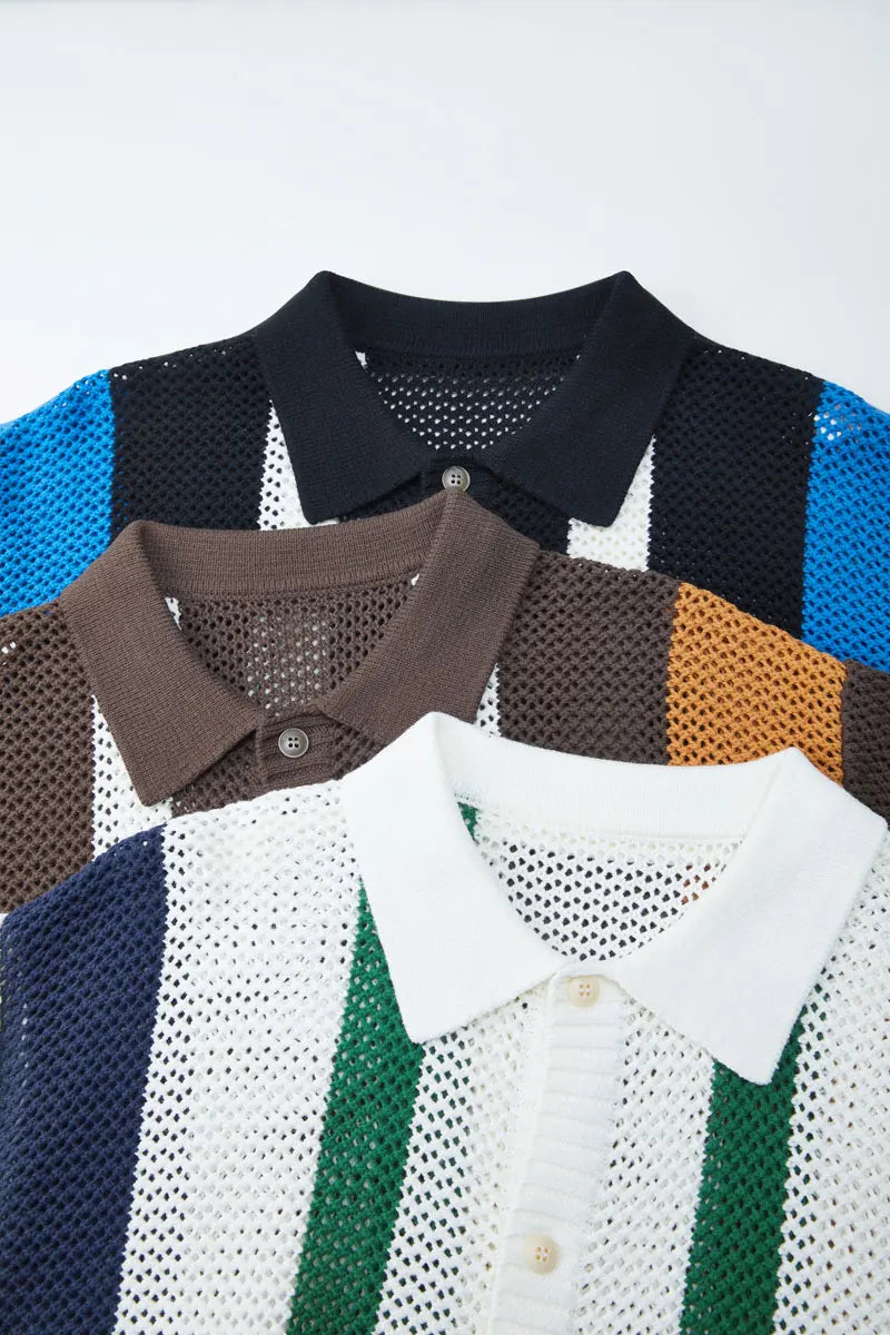 Men's Autumn/Winter Colour-Block Striped Polo Collar Knitted High Quality Hollow Out Cardigan With 60% Cotton