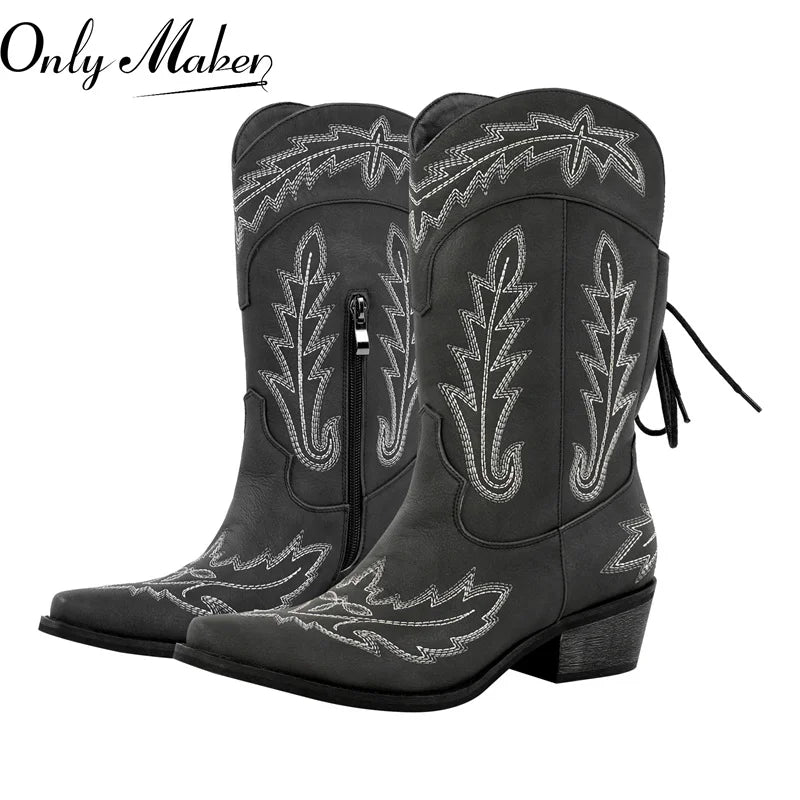 Women Pointed Toe Black Embroidery Western Boots Tapered Heel Round Up Mid-Calf Western Cowgirl Boots