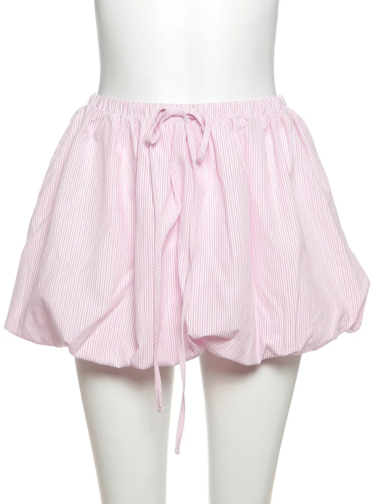 Sweet Fit Striped Print 2Piece Set Women Patchwork Button Hollow Backless Button Tops + Lace-Up Puffy Skirt Matching Suit