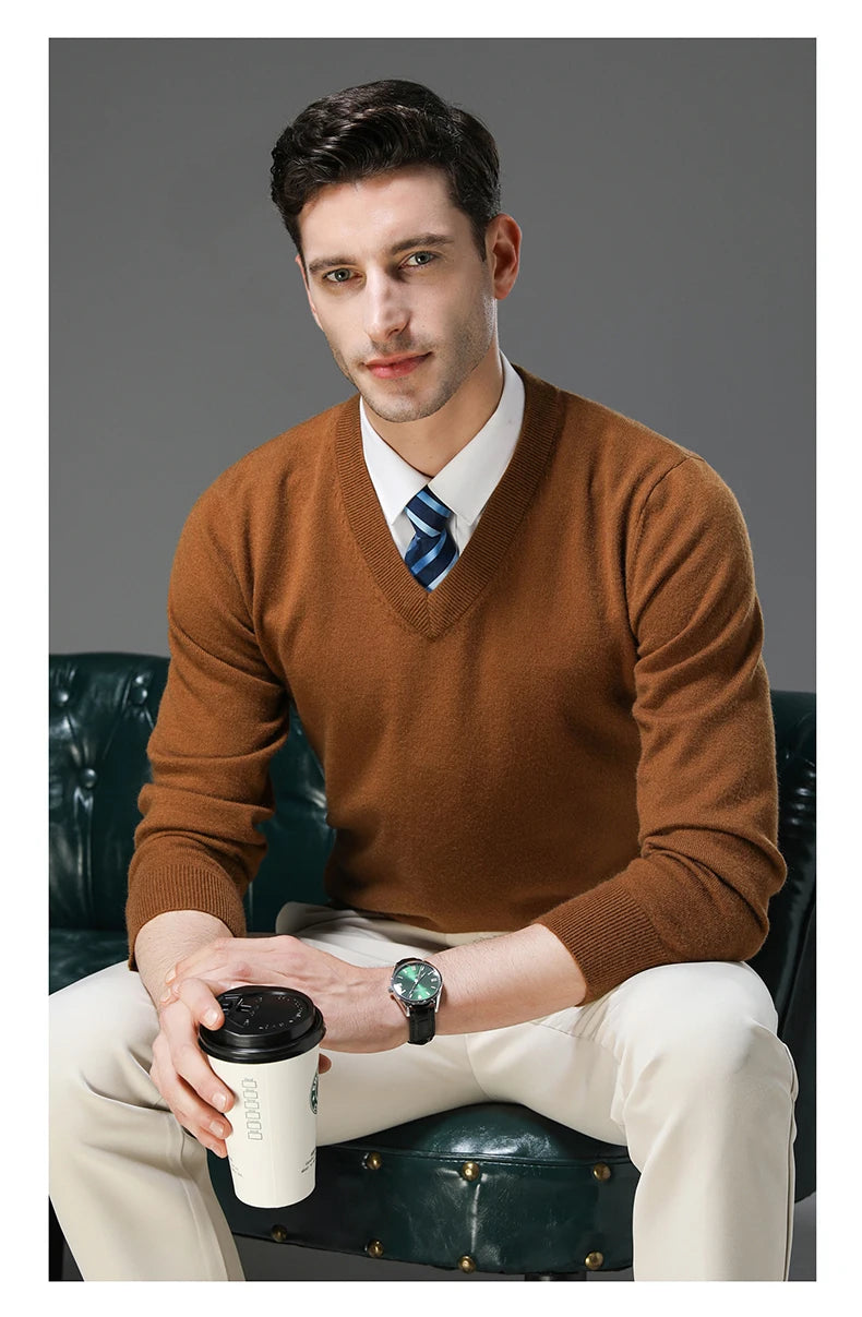 Men's Warm V-Neck Solid Colour Sweater, Autumn & Winter Stretch Top, Daily Leisure Pullover Knitwear, Male Business Casual