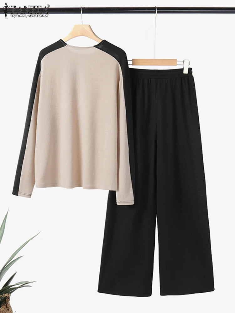 Casual Colour-Blocked Panels Women Pant Sets 2025 Spring Long Sleeve T-shirts Wide Leg Pant 2pcs Outfits Daily Tracksuits