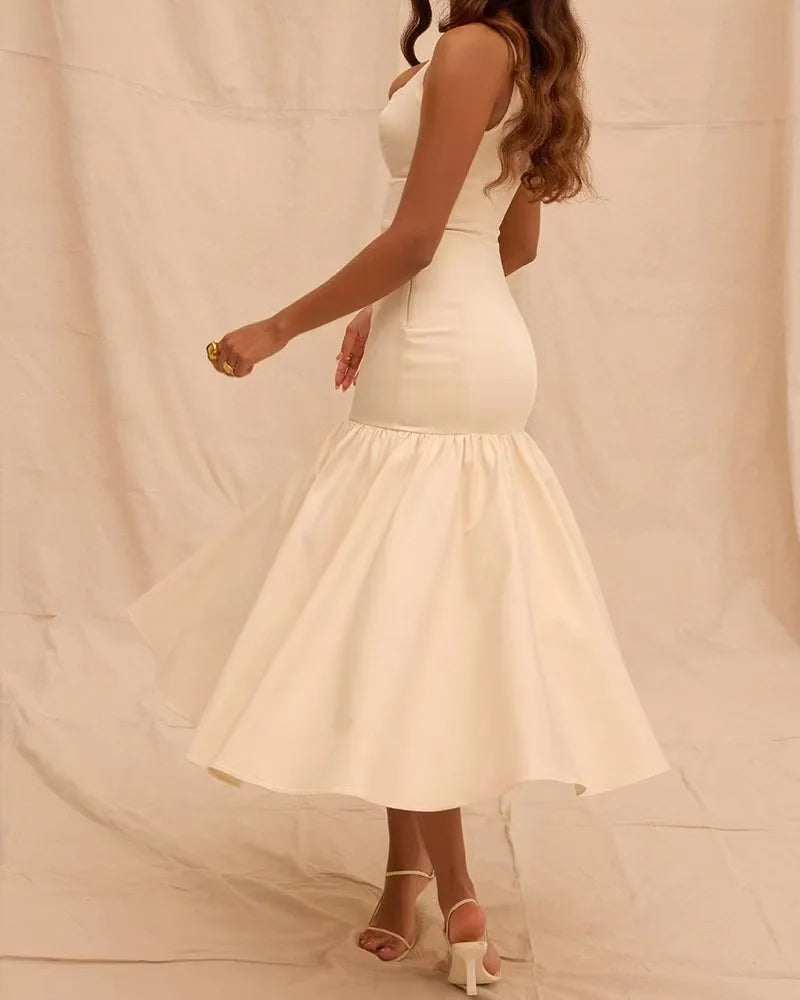 Elegant Ruffles Spliced Suspenders Long Dress Women Slim Square Collar Sleeveless Vestidos Summer Fashion Female Party Robe